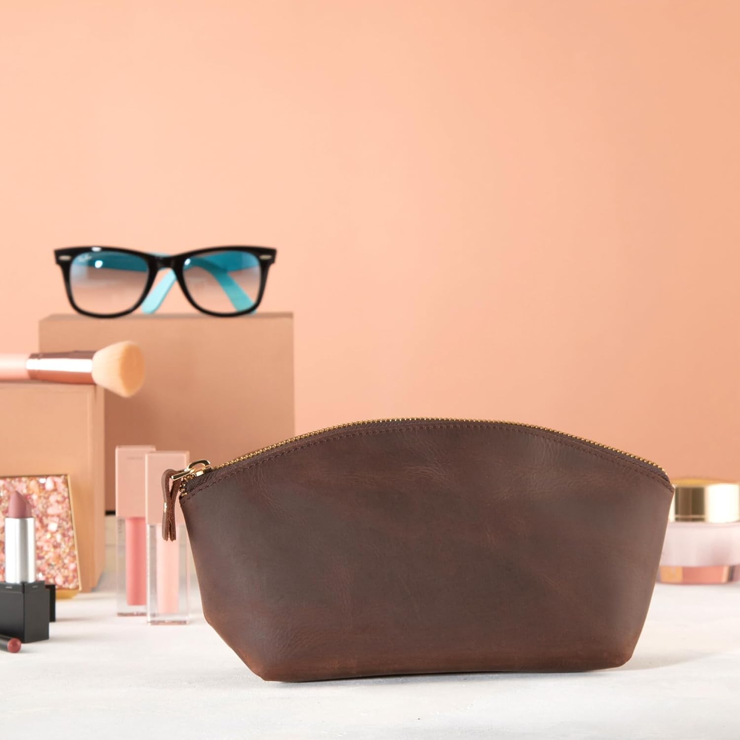 Premium Leder Kosmetiktasche Reddish Brown