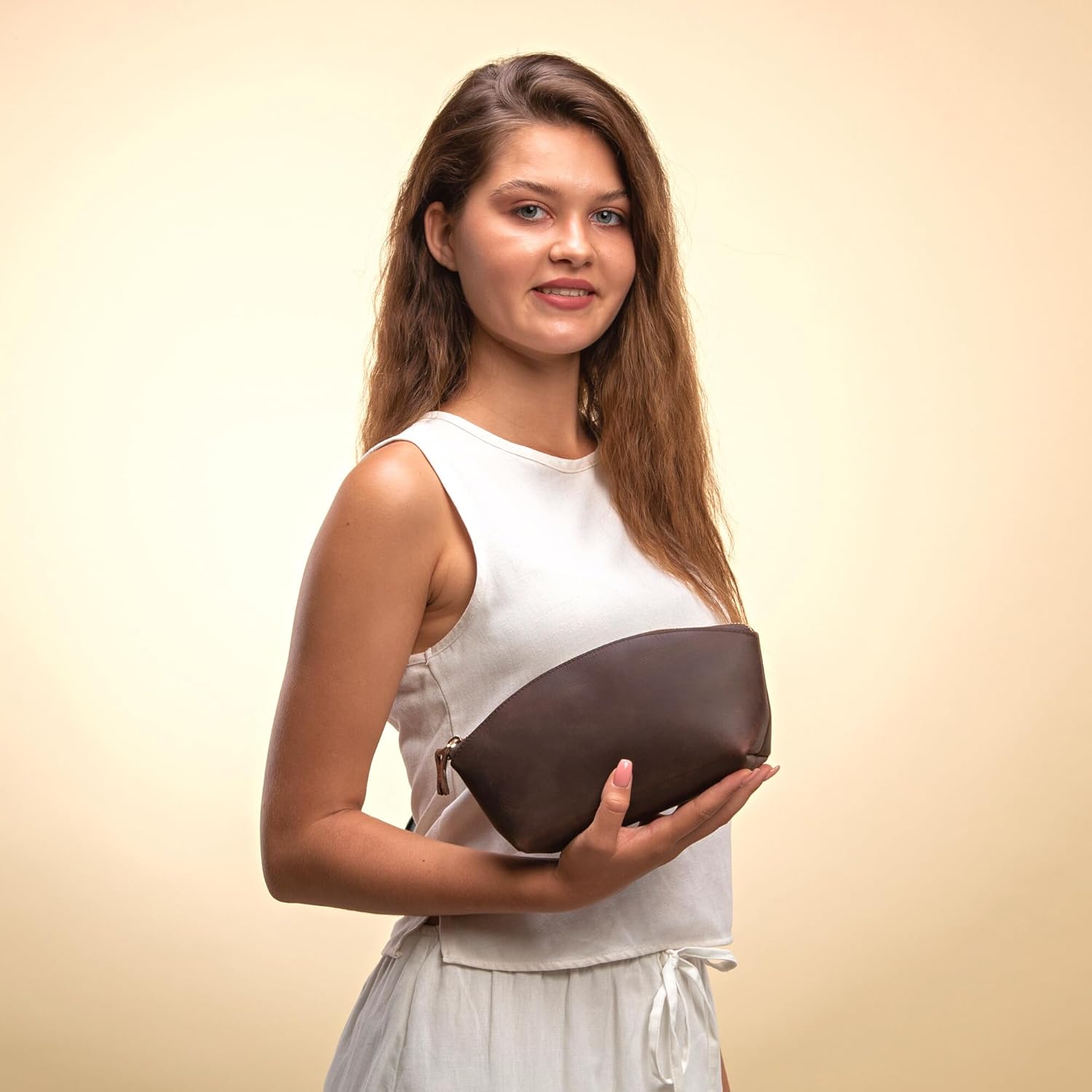 Premium Leder Kosmetiktasche Reddish Brown