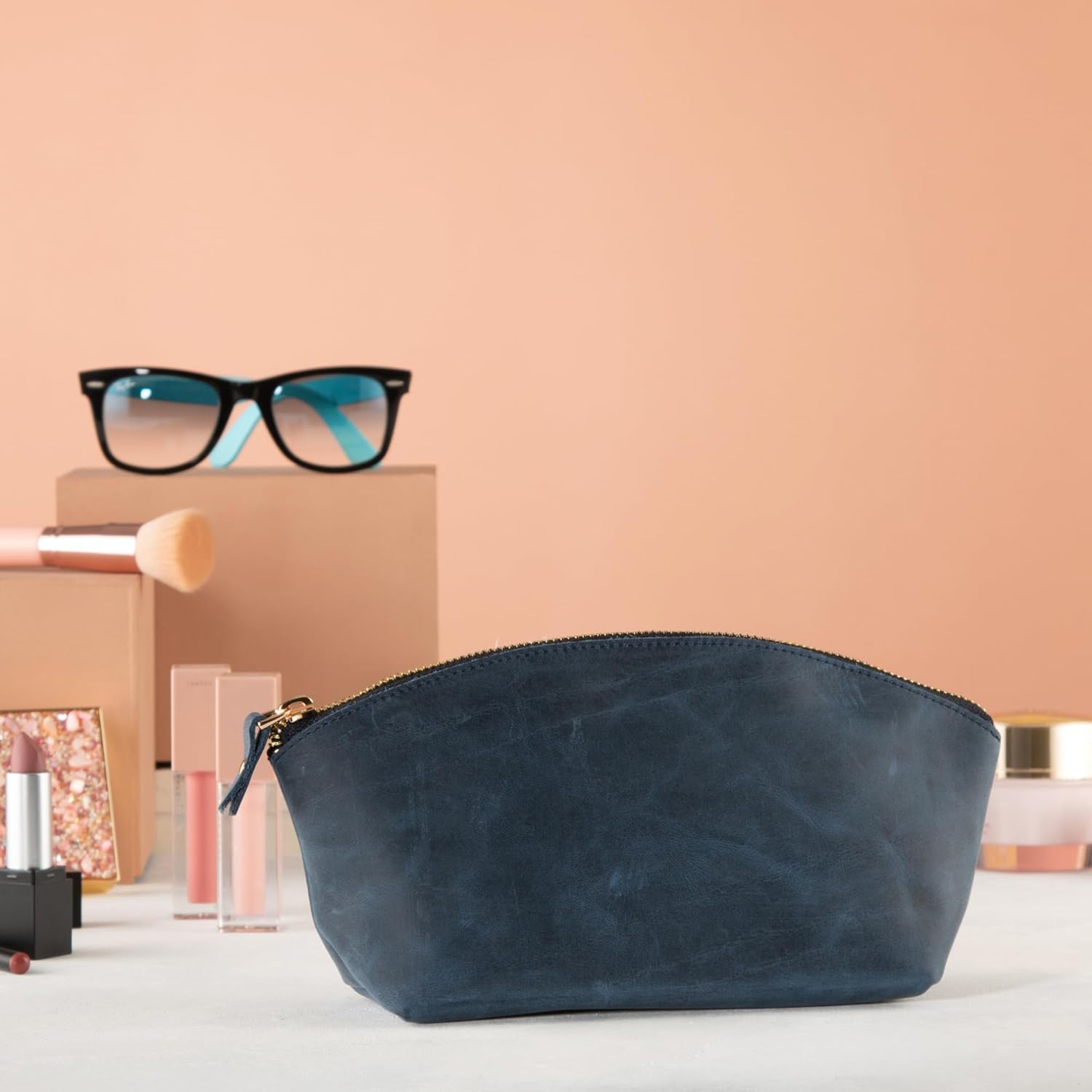 Premium Leder Kosmetiktasche Navy