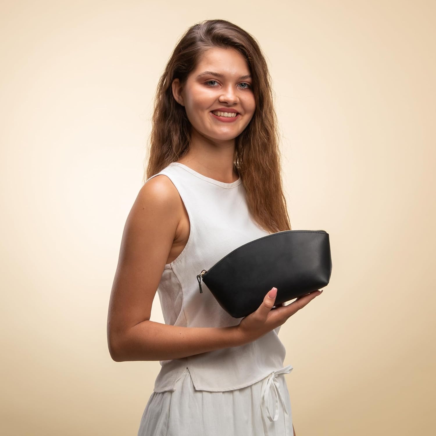 Premium Leder Kosmetiktasche Schwarz