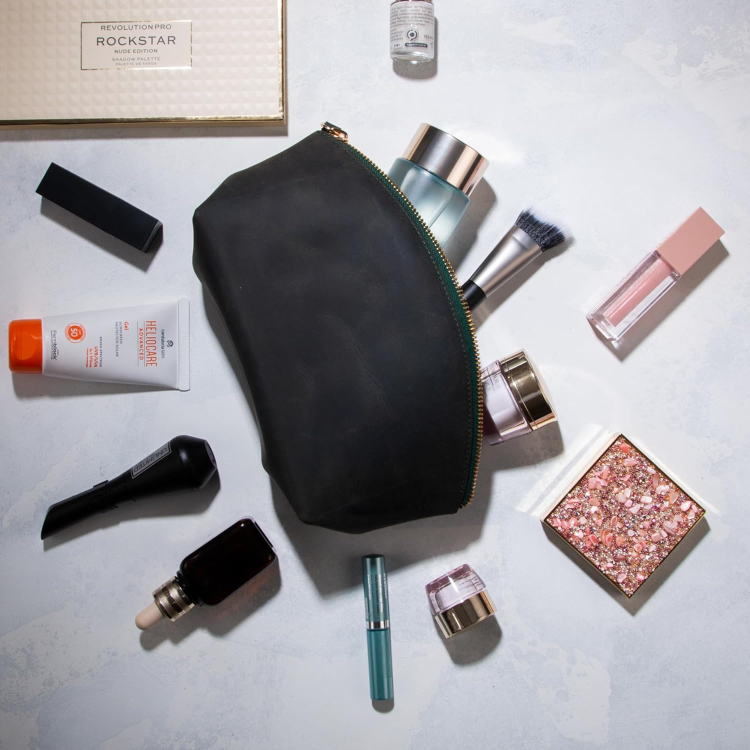 Premium Leder Kosmetiktasche Dunkel Grün