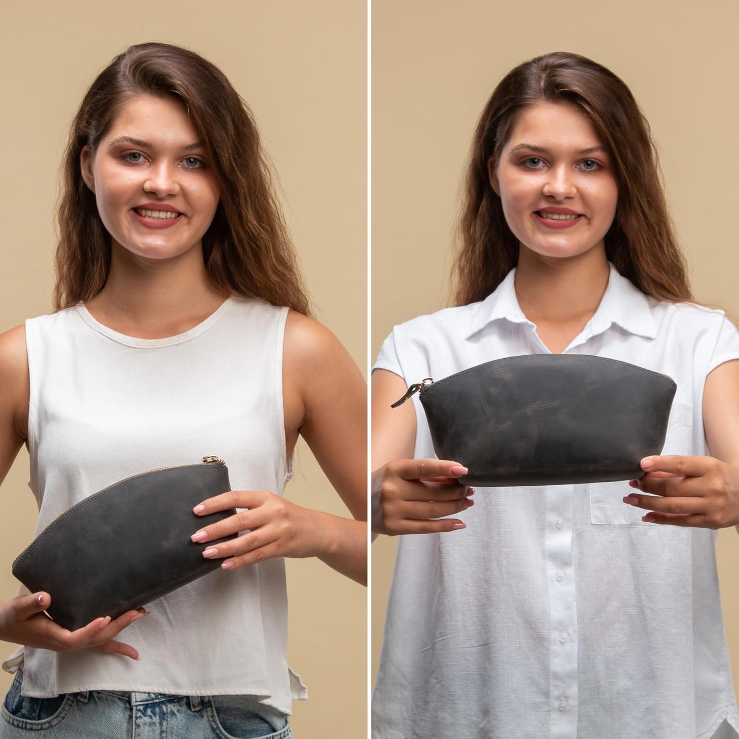 Premium Leder Kosmetiktasche Grau