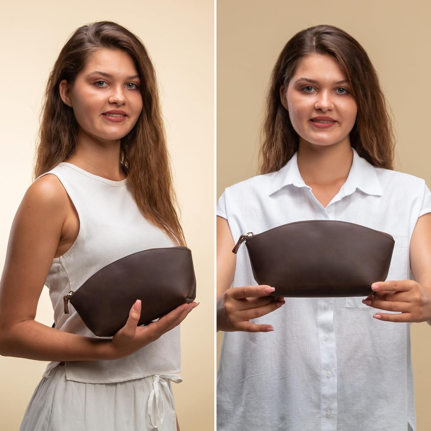 Premium Leder Kosmetiktasche Reddish Brown