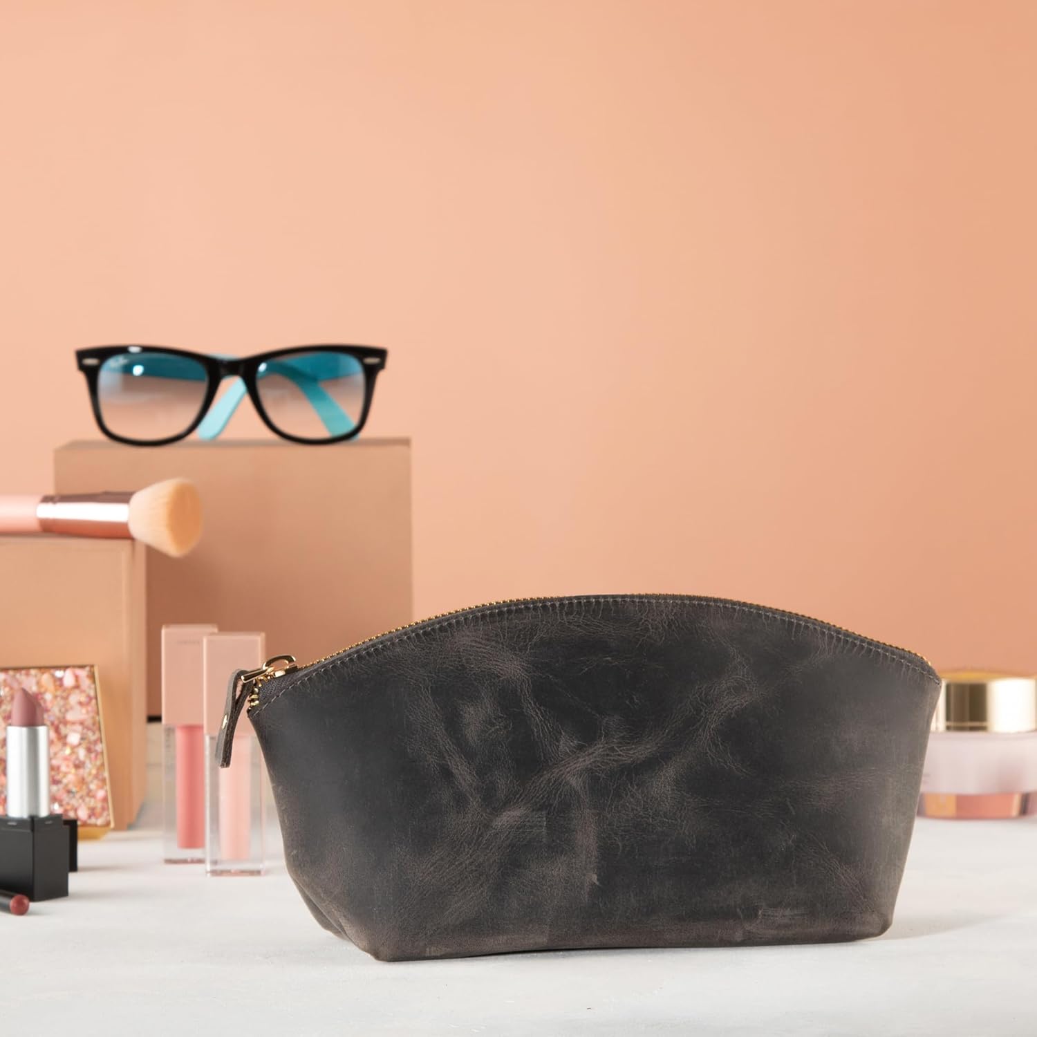 Premium Leder Kosmetiktasche Grau