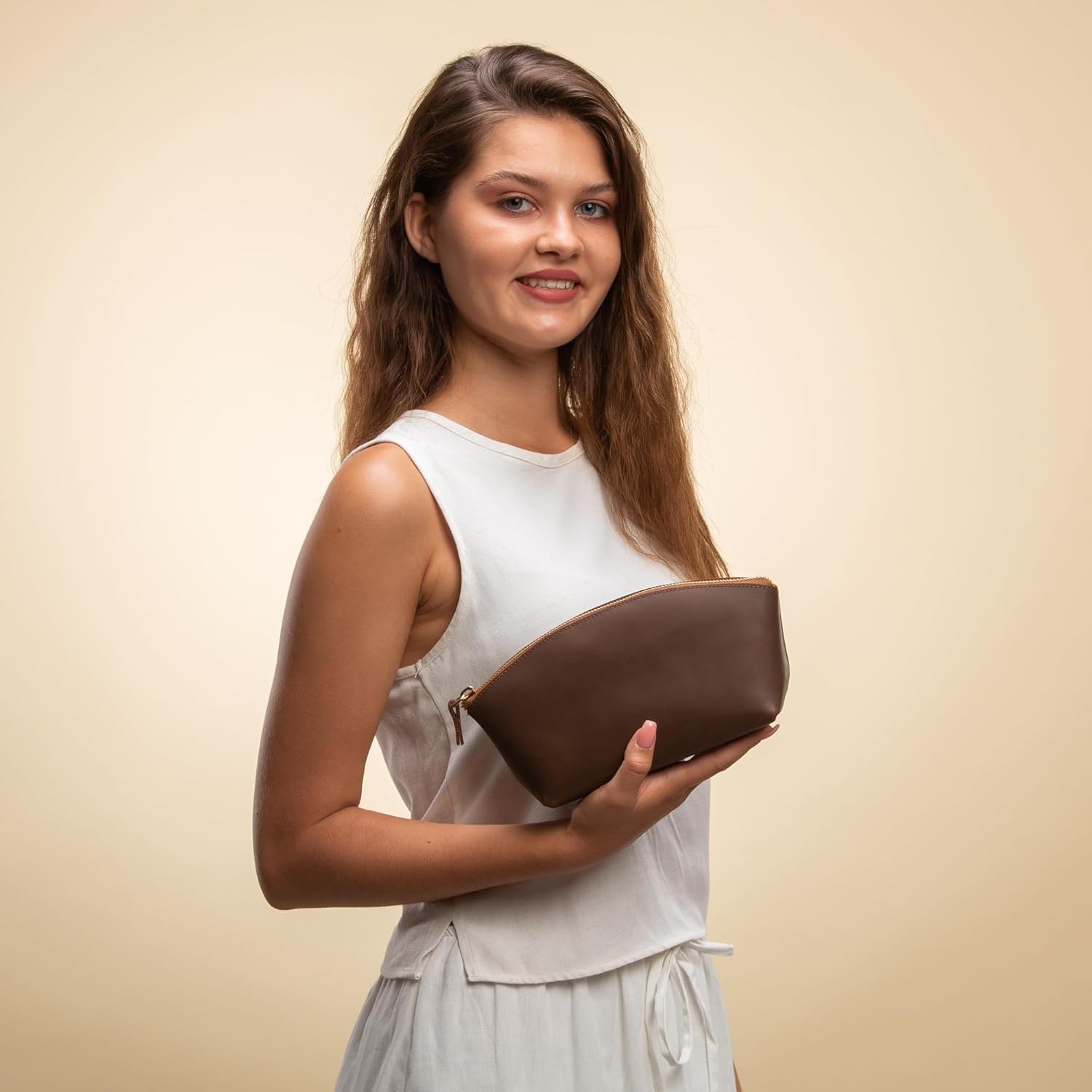 Premium Leder Kosmetiktasche Hazelnut