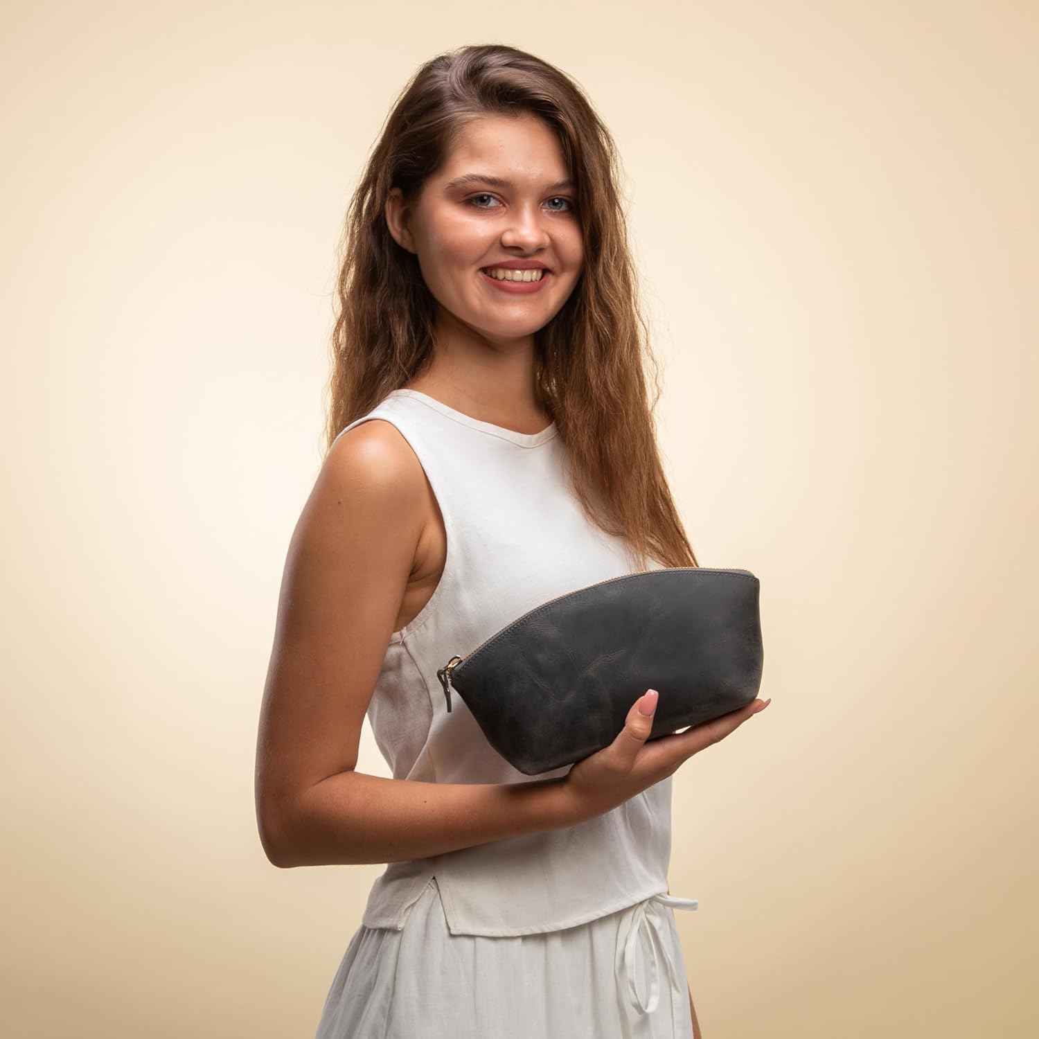 Premium Leder Kosmetiktasche Grau