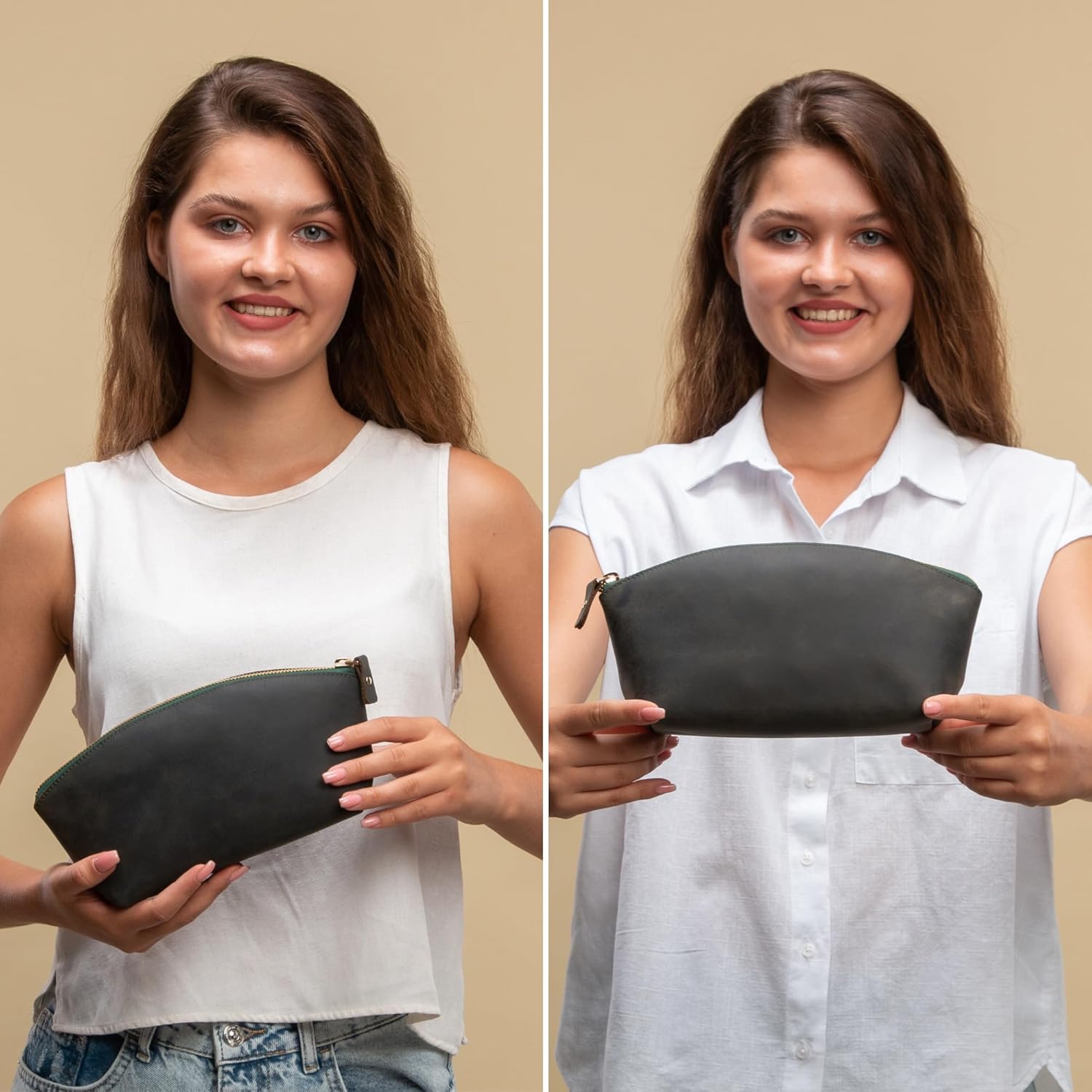 Premium Leder Kosmetiktasche Dunkel Grau