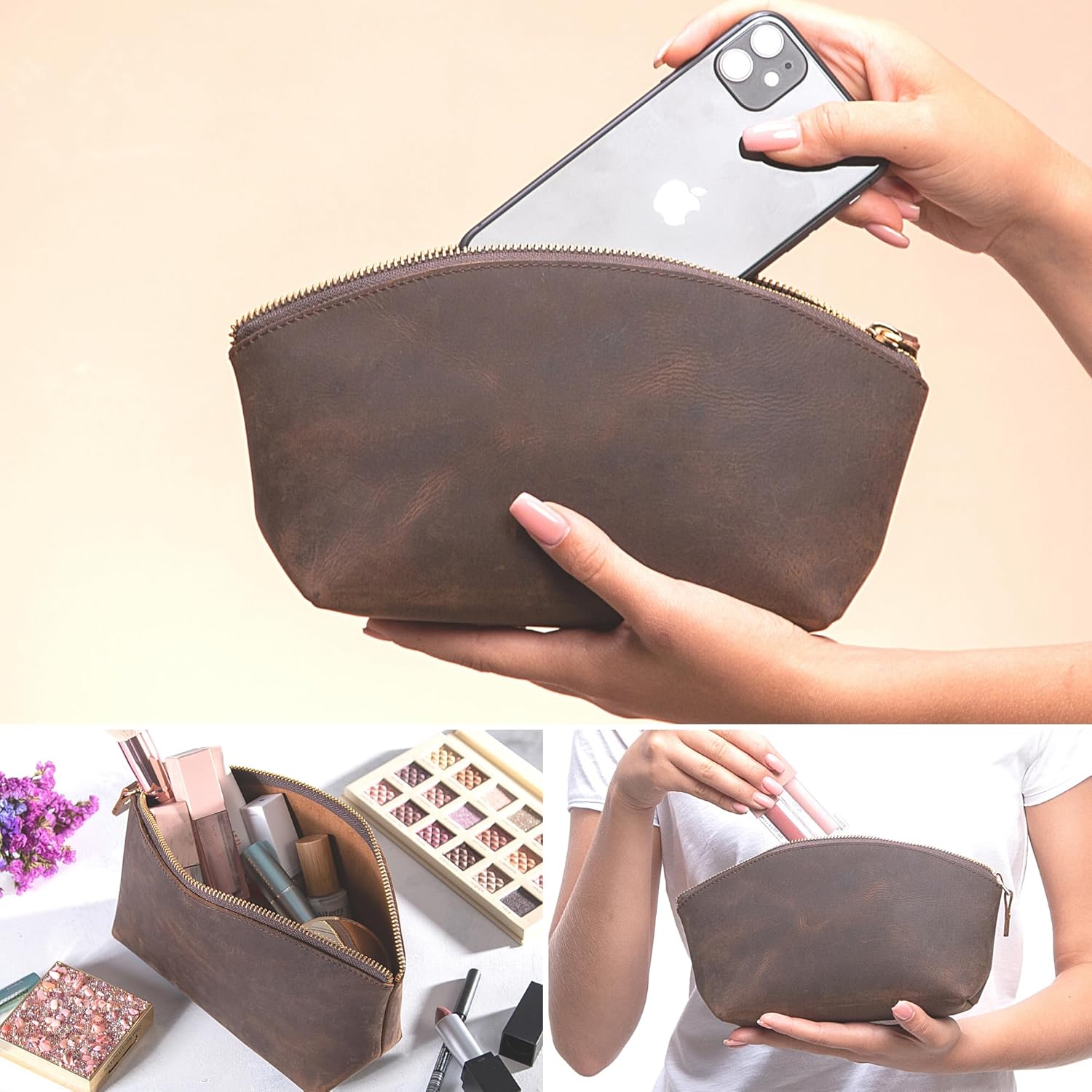 Premium Leder Kosmetiktasche Dark Tobacco