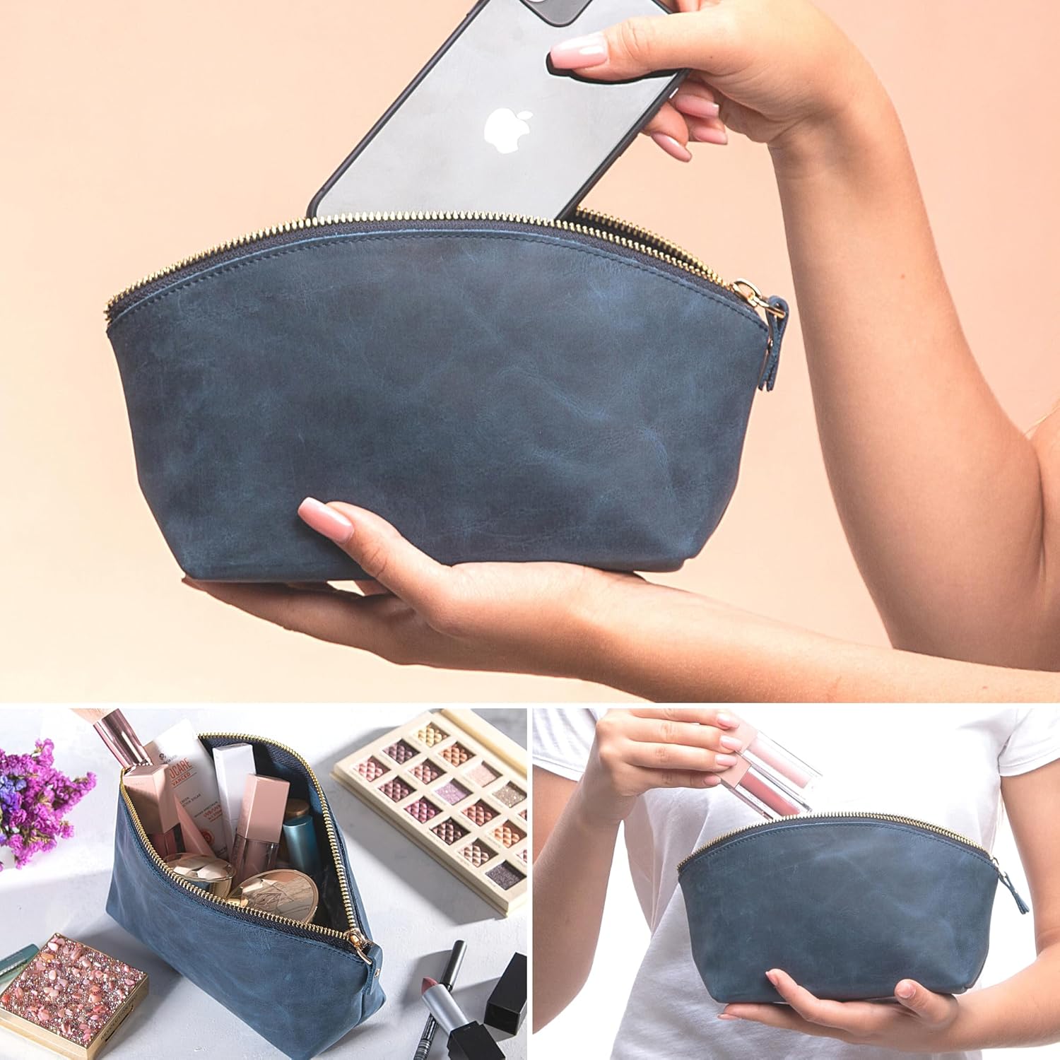 Premium Leder Kosmetiktasche Navy