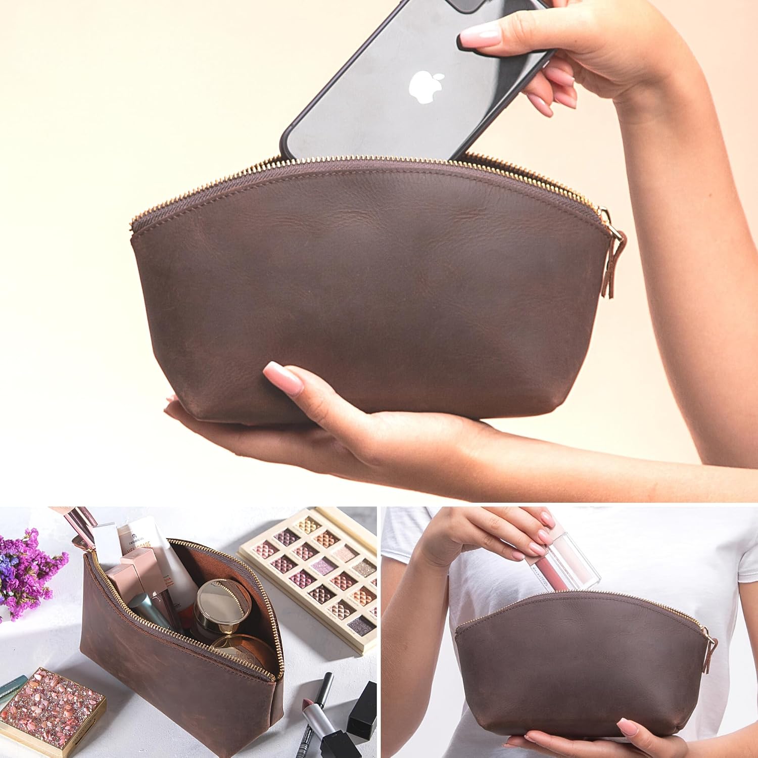 Premium Leder Kosmetiktasche Reddish Brown