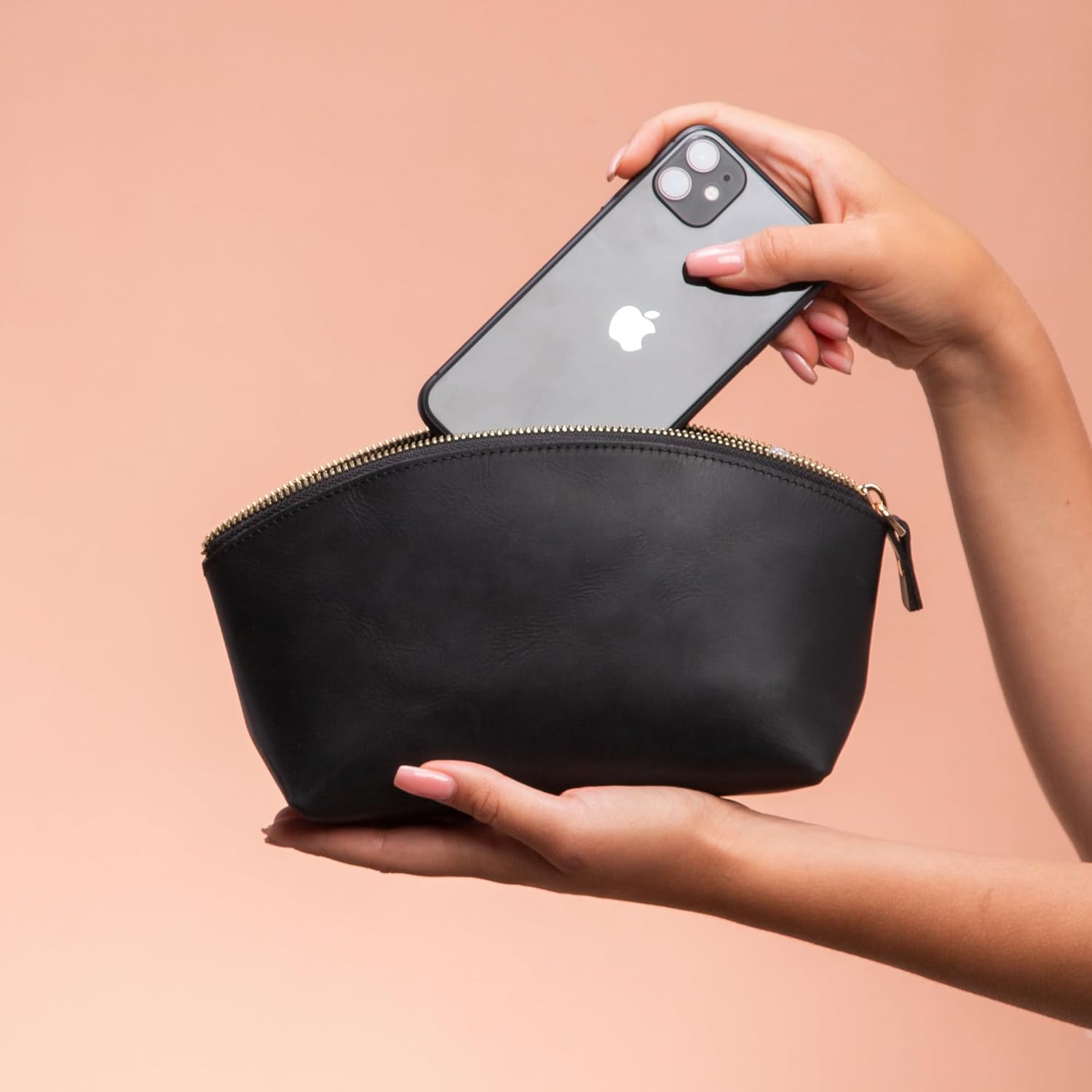 Premium Leder Kosmetiktasche Schwarz