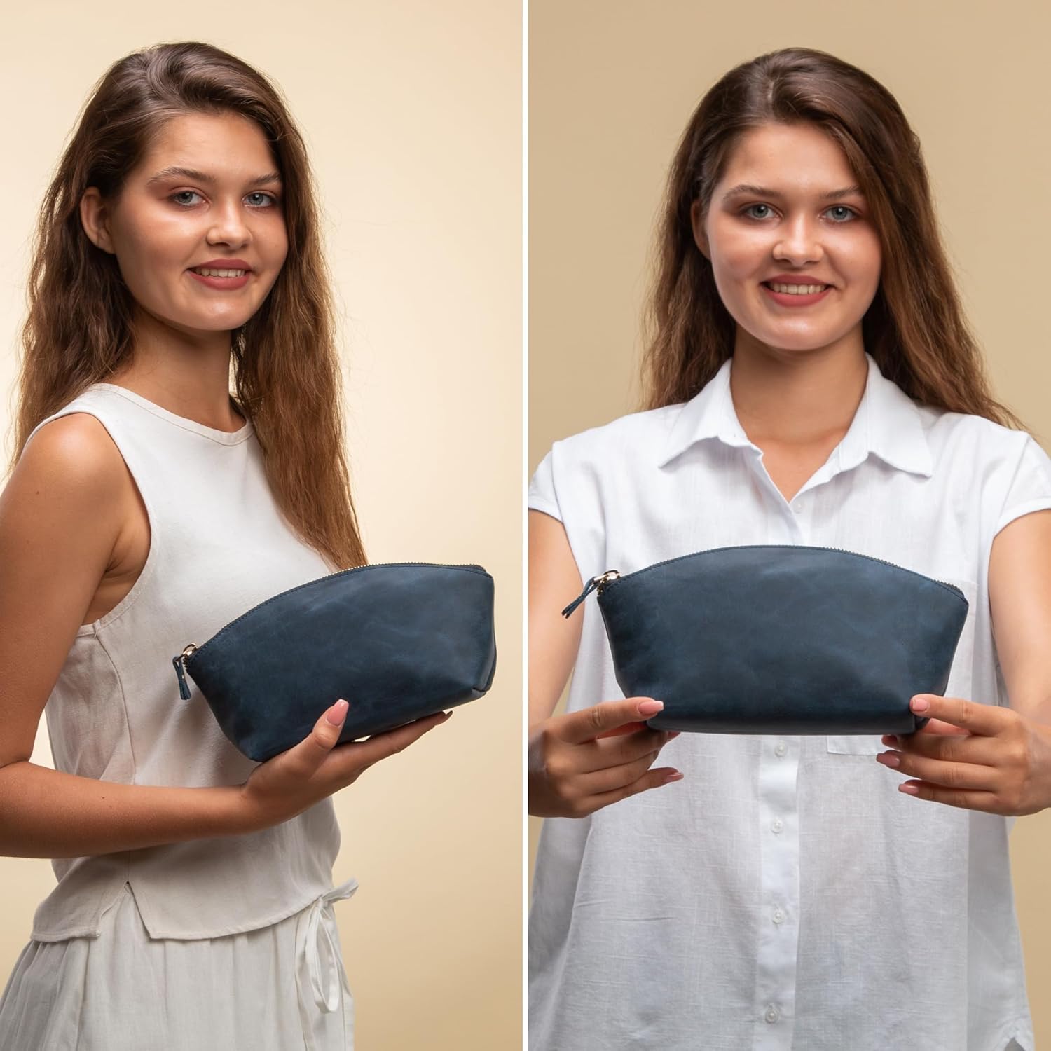 Premium Leder Kosmetiktasche  Navy