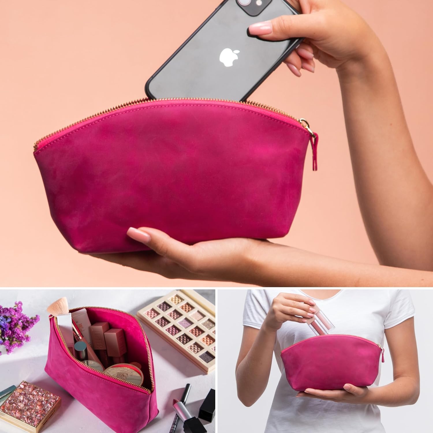 Premium Leder Kosmetiktasche Fuschia