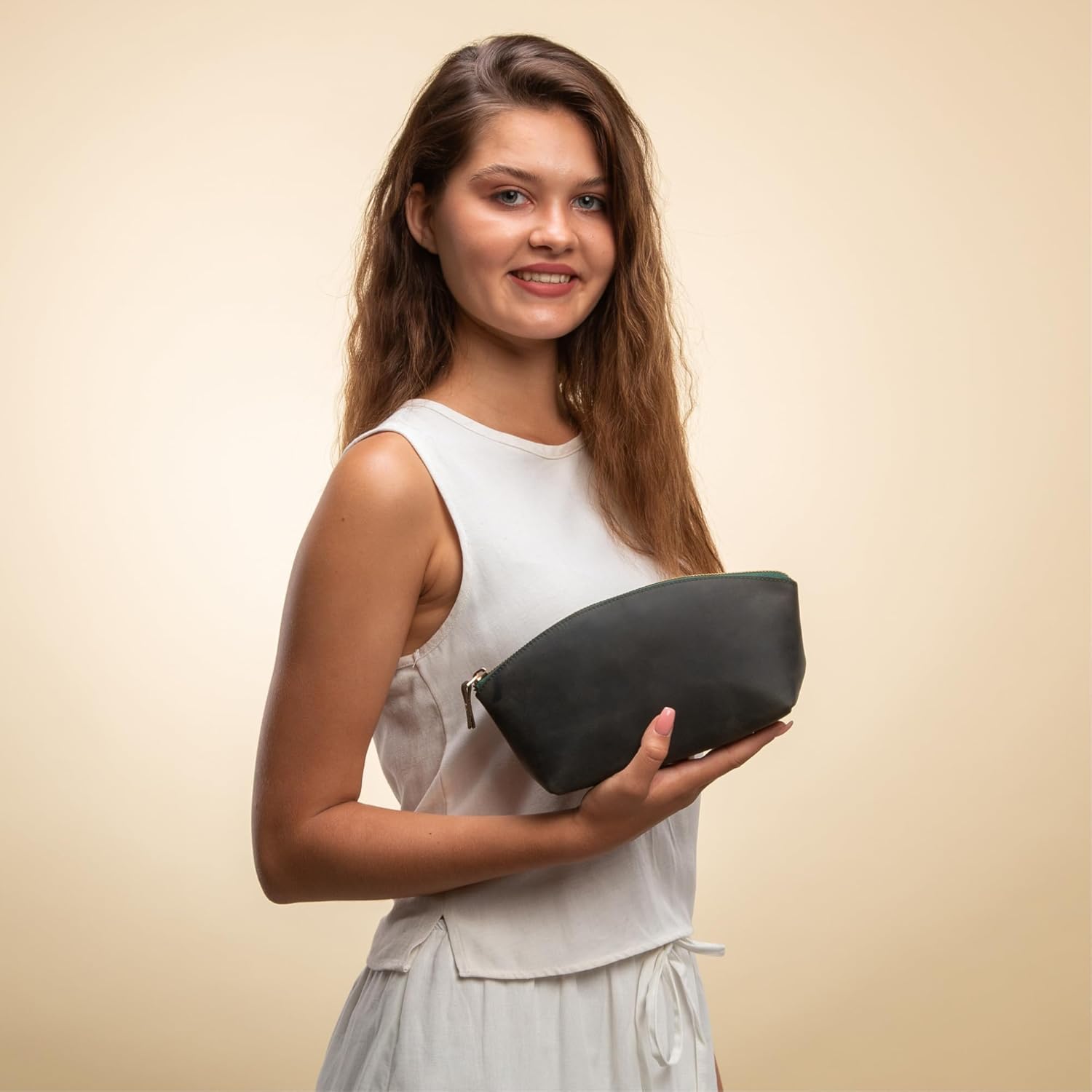 Premium Leder Kosmetiktasche Dunkel Grün