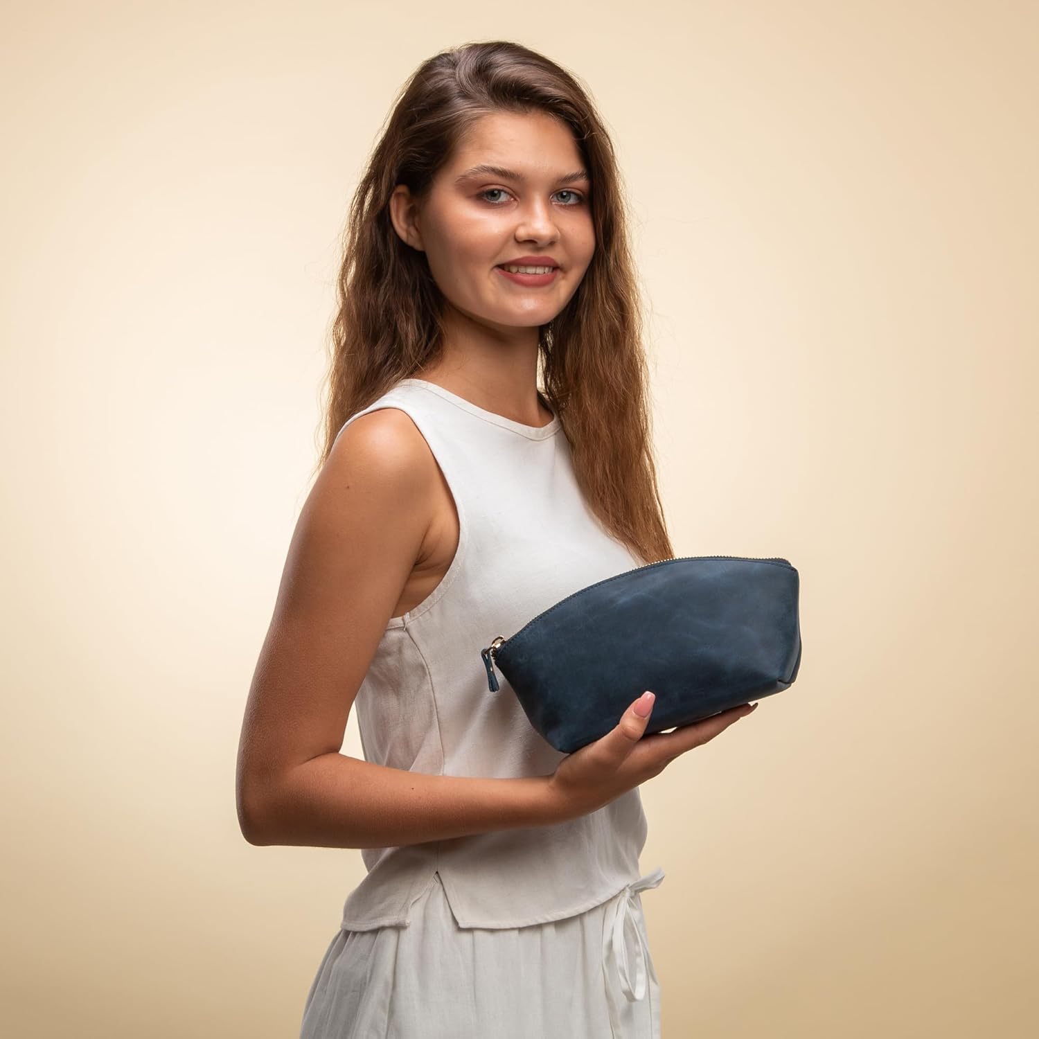 Premium Leder Kosmetiktasche  Navy