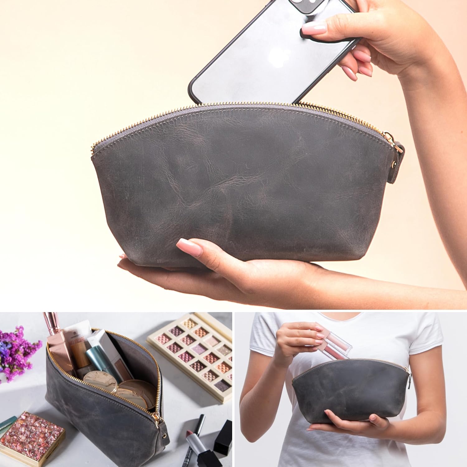 Premium Leder Kosmetiktasche Grau