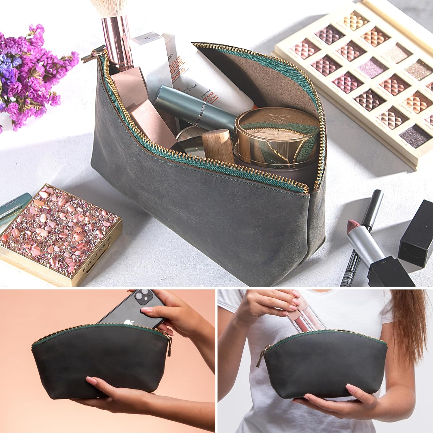 Premium Leder Kosmetiktasche Dunkel Grau